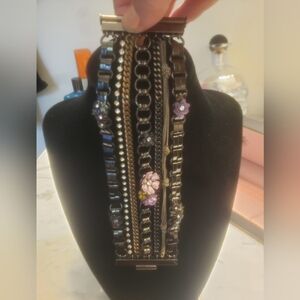 Black And Pink Floral Chain Bracelet with Floral Accents